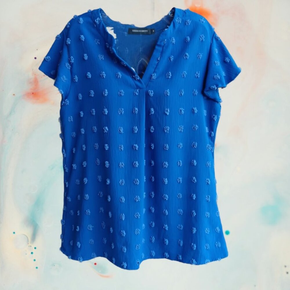 Merokeety Womens Top Blouse Short Sleeves Swiss Polka Dot Blue Size M